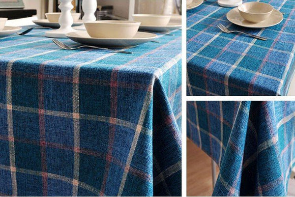 Modern Blue Table Cover, Blue Checked Linen Tablecloth, Rustic Home Decor, Checkerboard Tablecloth for Dining Room Table-Art Painting Canvas