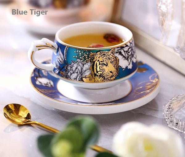 Creative Ceramic Tea Cups and Saucers, Jungle Tiger Cheetah Porcelain Coffee Cups, Unique Ceramic Cups with Gold Trim and Gift Box-Art Painting Canvas