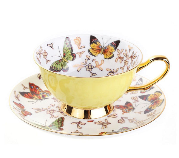 Creative Butterfly Ceramic Coffee Cups, Unique Butterfly Coffee Cups and Saucers, Beautiful British Tea Cups, Creative Bone China Porcelain Tea Cup Set-Art Painting Canvas