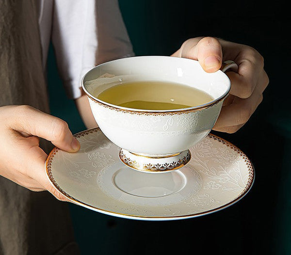 Elegant British Ceramic Coffee Cups, Bone China Porcelain Coffee Cup Set, White Ceramic Cups, Unique Tea Cup and Saucer in Gift Box-Art Painting Canvas