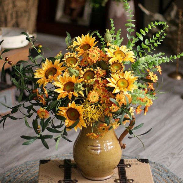 Large Bunch of Yellow Sunflowers, Unique Floral Arrangement for Home Decoration, Table Centerpiece, Real Touch Artificial Flowers for Living Room-Art Painting Canvas