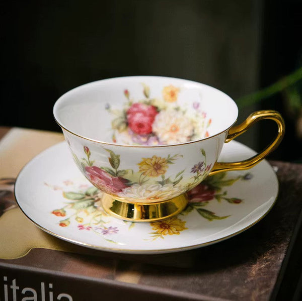 Elegant Rose Flower Ceramic Cups, Unique Royal Coffee Cup and Saucer, Creative Bone China Porcelain Tea Cup Set, Beautiful British Tea Cups-Art Painting Canvas