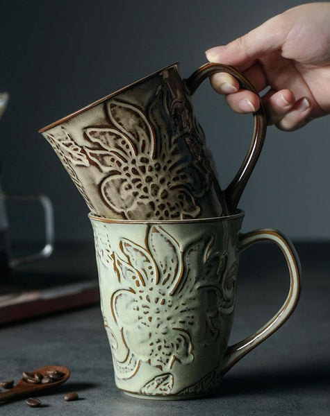 Green Ceramic Coffee Mug, Birthday Gifts, Stoneware Coffee Mugs, Handmade Pottery Coffee Mug, Large Capacity Coffee Cups-Art Painting Canvas