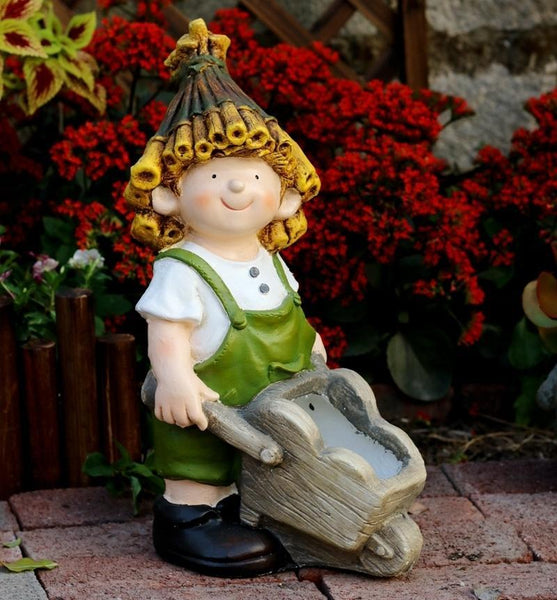 Large Boy Cart and Girl Carry Basket Statues, Flower Pot, Garden Courtyard Ornament, Gardening Ideas, House Warming Gift-Art Painting Canvas