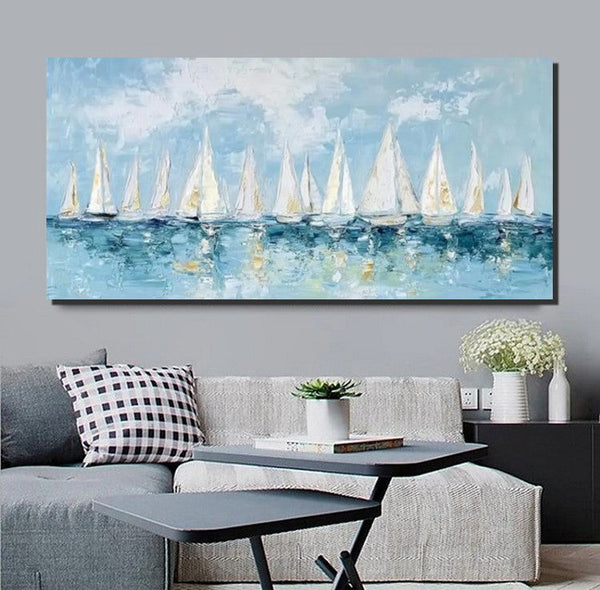 Large Wall Art Ideas for Living Room, Paintings for Living Room, Acrylic Painting on Canvas, Modern Paintings for Bedroom, Sail Boat Painting, Original Canvas Art-Art Painting Canvas