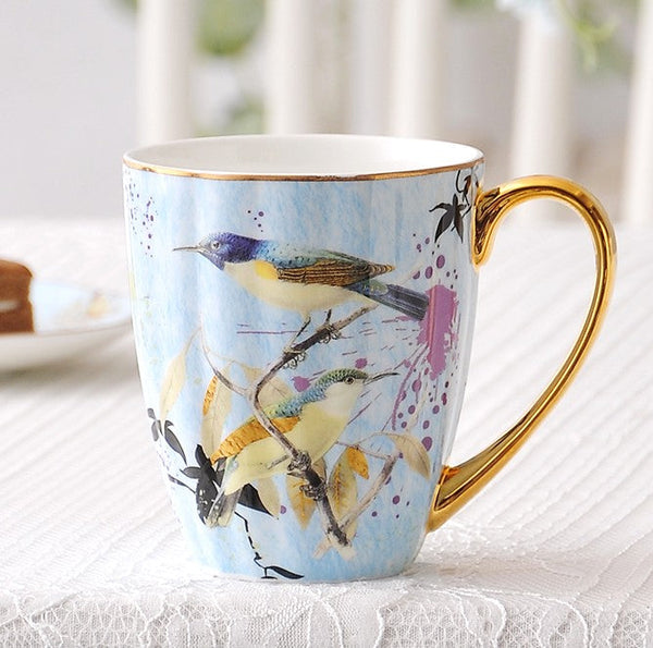 Large Creative Bone China Porcelain Mug, Elegant Blue Ceramic Coffee Mug, Beautiful Bird Flower Ceramic Mug, Large Capacity Ceramic Mugs for Office-Art Painting Canvas