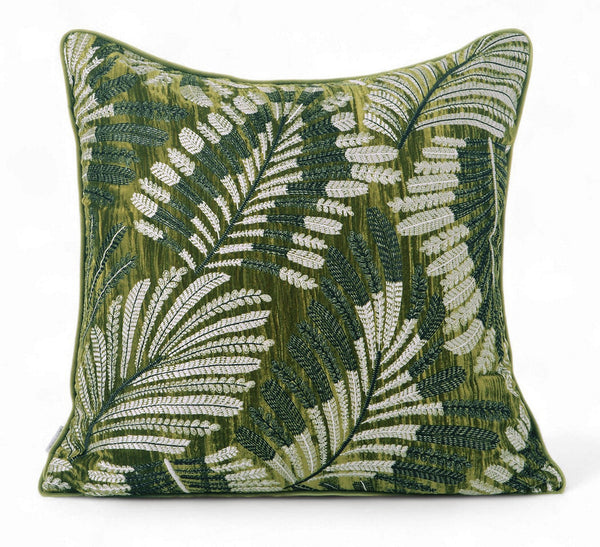 Large Throw Pillow for Interior Design, Embroidery Leaves Green Decorative Sofa Pillows, Luxury Decorative Throw Pillows for Couch, Large Square Modern Sofa Pillows