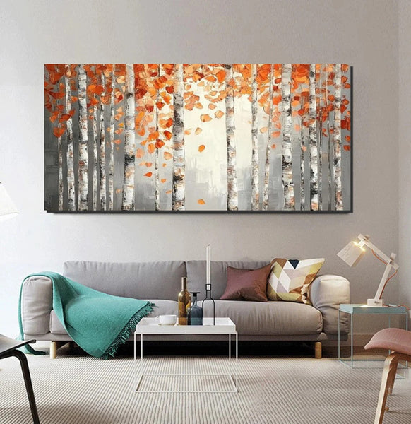 Large Wall Art for Bedroom, Modern Paintings for Living Room, Acrylic Painting on Canvas, Palette Knife Canvas Art, Autumn Birch Tree Painting, Original Canvas Art-Art Painting Canvas