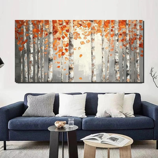 Large Wall Art for Bedroom, Modern Paintings for Living Room, Acrylic Painting on Canvas, Palette Knife Canvas Art, Autumn Birch Tree Painting, Original Canvas Art-Art Painting Canvas