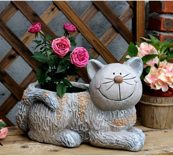 Large Cat Statue, Sitting Cat Flower Pot Statue, Pet Statue for Garden Courtyard Ornaments, Villa Outdoor Decor Gardening Ideas-Art Painting Canvas