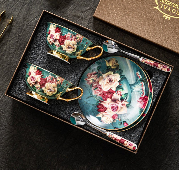 Rose Royal Ceramic Cups, Elegant Flower Ceramic Coffee Cups, Afternoon Bone China Porcelain Tea Cup Set, Unique Tea Cups and Saucers in Gift Box-Art Painting Canvas