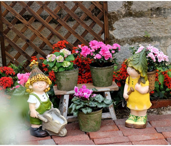 Large Boy Cart and Girl Carry Basket Statues, Flower Pot, Garden Courtyard Ornament, Gardening Ideas, House Warming Gift-Art Painting Canvas