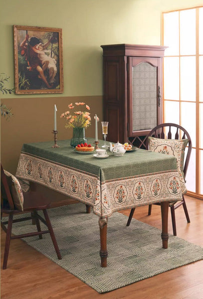 Rectangle Table Cover Ideas for Dining Table, Square Tablecloth for Round Table, Green Flower Pattern Table Cover for Kitchen, Outdoor Picnic Tablecloth-Art Painting Canvas