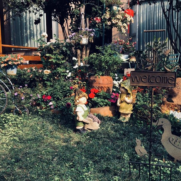 Large Boy Cart and Girl Carry Basket Statues, Flower Pot, Garden Courtyard Ornament, Gardening Ideas, House Warming Gift-Art Painting Canvas