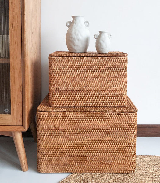 Storage Baskets with Lid, Rectangular Storage Baskets, Storage Baskets for Clothes, Pantry Storage Baskets, Rattan Woven Storage Basket for Bedroom-Art Painting Canvas