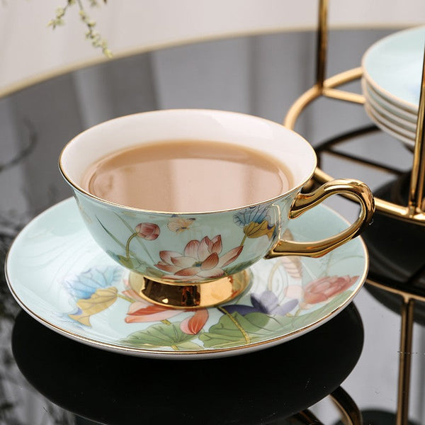 Unique British Tea Cup and Saucer in Gift Box, Lotus Flower Bone China Porcelain Tea Cup Set, Elegant British Ceramic Coffee Cups-Art Painting Canvas