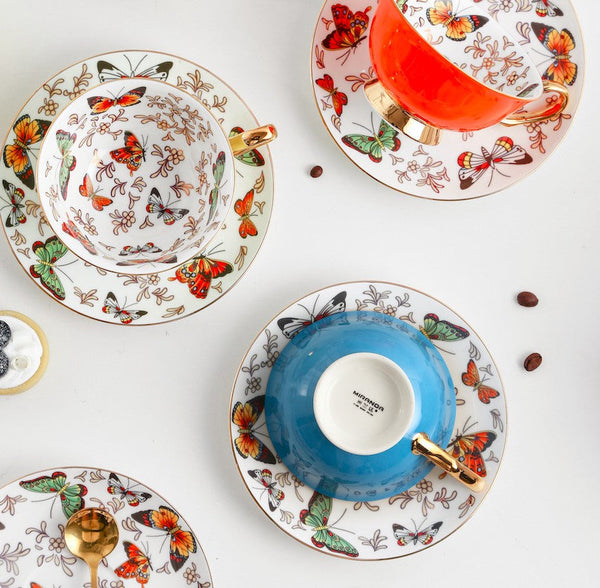 Creative Butterfly Ceramic Coffee Cups, Unique Butterfly Coffee Cups and Saucers, Beautiful British Tea Cups, Creative Bone China Porcelain Tea Cup Set-Art Painting Canvas