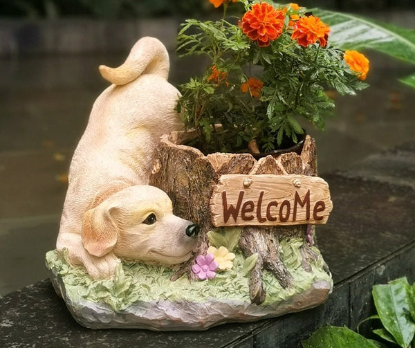Large Dog Flowerpot, Unique Resin Statue for Garden, Villa Outdoor Decor Gardening Ideas, Creative Modern Statue for Garden Ornaments-Art Painting Canvas