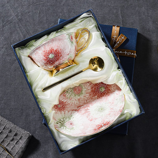 Unique Tea Cups and Saucers in Gift Box, Blue and Pink Beautiful British Tea Cups, Elegant Ceramic Coffee Cups, Creative Bone China Porcelain Tea Cup Set-Art Painting Canvas