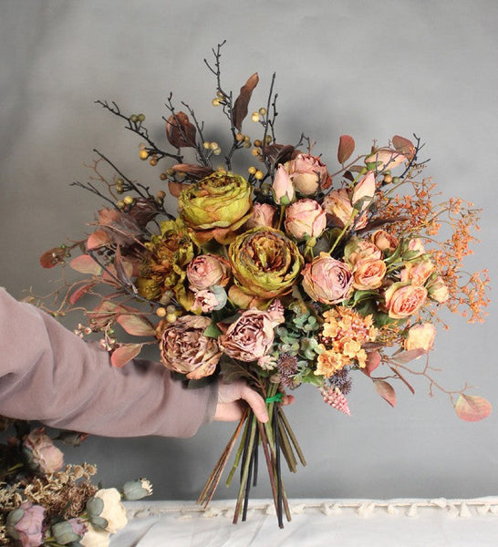 Large Faux Silk Floral Bouquet, Beautiful Peony Rose Flowers Arrangement Interior Design, Modern Artificial Floral Arrangement for Living Room-Art Painting Canvas