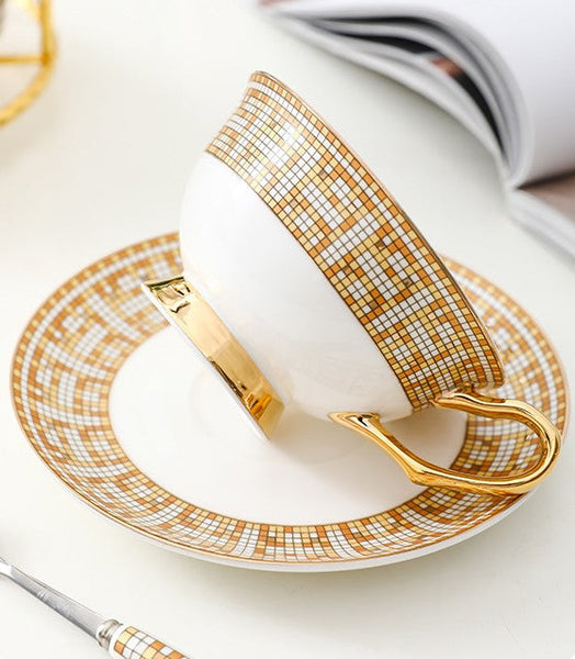 Handmade Elegant British Ceramic Coffee Cups, Unique Tea Cup and Saucer in Gift Box, Bone China Porcelain Tea Cup Set for Office, Yellow Ceramic Cups-Art Painting Canvas