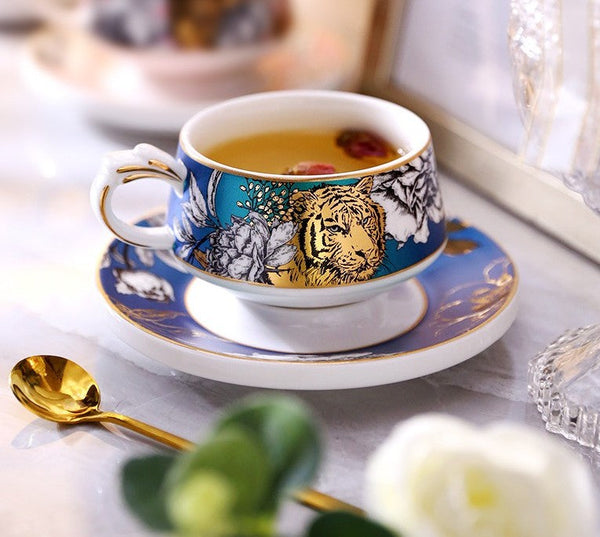 Unique Ceramic Cups with Gold Trim and Gift Box, Creative Ceramic Tea Cups and Saucers, Jungle Tiger Cheetah Porcelain Coffee Cups-Art Painting Canvas