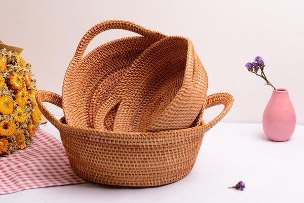 Round Storage Baskets, Storage Baskets for Shelves, Rattan Storage Basket, Woven Storage Basket for Kitchen, Set of 3-Art Painting Canvas