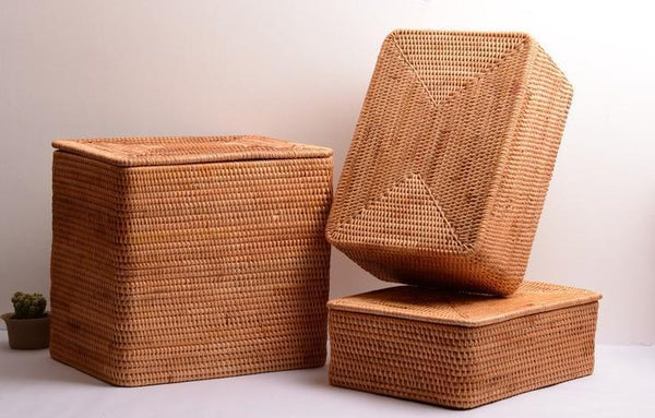 Woven Rattan Baskets, Rectangular Basket with Lid, Rectangular Storage Baskets, Storage Basket for Bedroom, Kitchen Storage Baskets-Art Painting Canvas