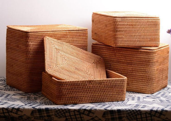 Woven Rattan Baskets, Rectangular Basket with Lid, Rectangular Storage Baskets, Storage Basket for Bedroom, Kitchen Storage Baskets-Art Painting Canvas