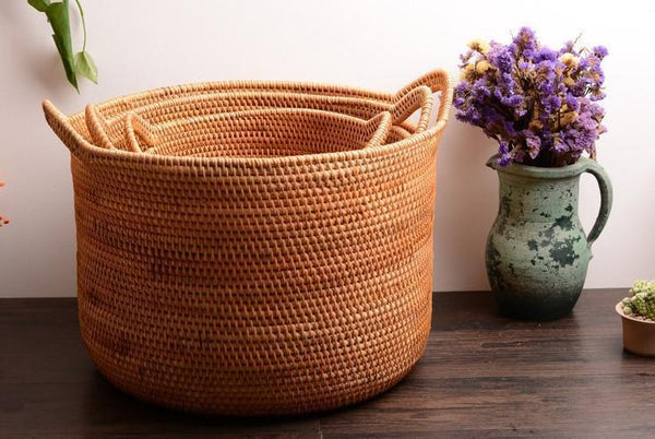 Wicker Woven Storage Baskets, Kitchen Storage Baskets, Rattan Storage Basket, Round Storage Basket for Bathroom-Art Painting Canvas