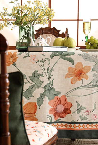 Beautiful Kitchen Table Cover, Spring Flower Tablecloth for Round Table, Linen Table Cover for Dining Room Table, Simple Modern Rectangle Tablecloth Ideas for Oval Table-Art Painting Canvas