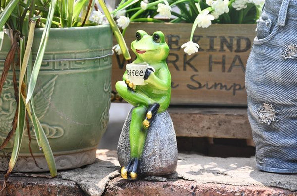 Frog Drinking Coffee Statue for Garden, Animal Statue for Garden Courtyard Ornament, Villa Outdoor Decor Gardening Ideas-Art Painting Canvas