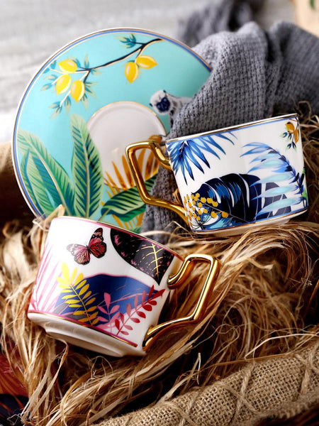 Elegant Tea Cups and Saucers, Jungle Toucan Pattern Porcelain Coffee Cups, Coffee Cups with Gold Trim and Gift Box-Art Painting Canvas