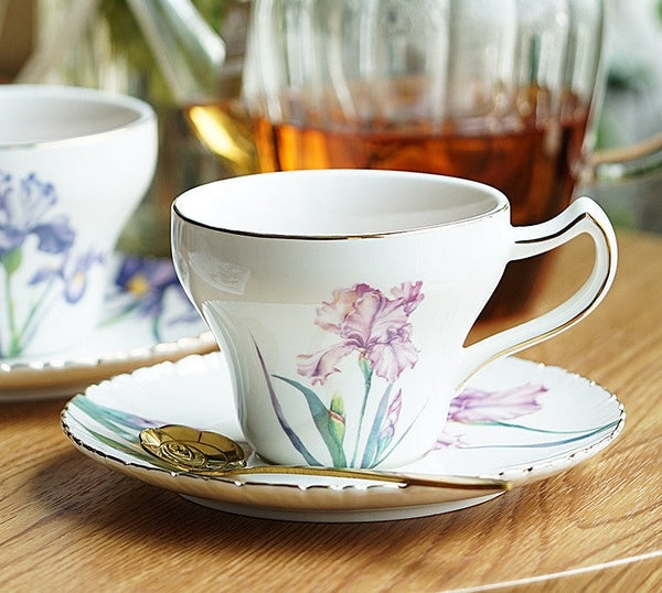 Iris Flower British Tea Cups, Beautiful Bone China Porcelain Tea Cup Set, Traditional English Tea Cups and Saucers, Unique Ceramic Coffee Cups in Gift Box-Art Painting Canvas