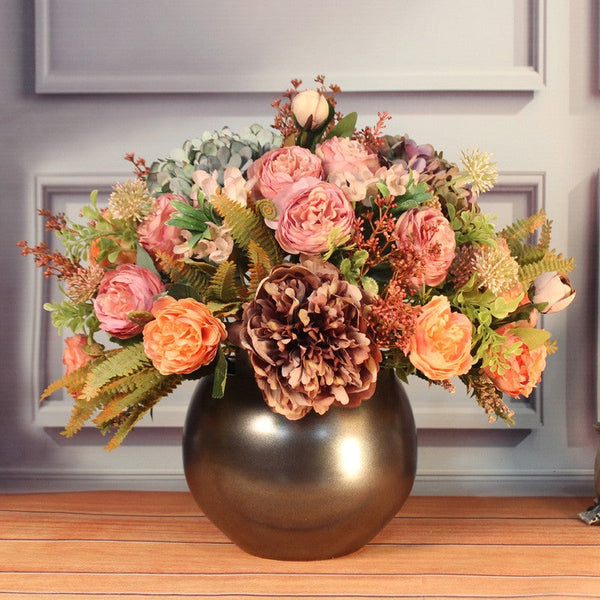 Large Bunch of Autumn Flowers Arrangement Interior Design, Unique Artificial Floral Arrangement for Dining Room, Peony Faux Silk Floral Bouquet Table Centerpiece-Art Painting Canvas