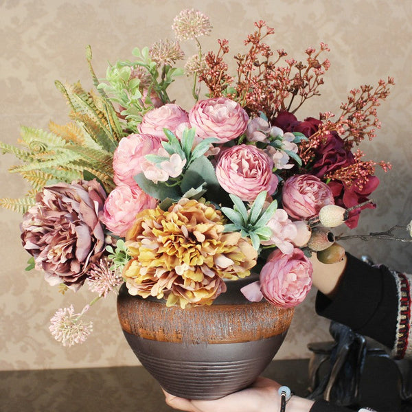 Beautiful Artificial Floral Arrangement for Bedroom, Large Bunch of Peony Flowers Arrangement, Real Touch Faux Silk Floral Bouquet Table Centerpiece-Art Painting Canvas