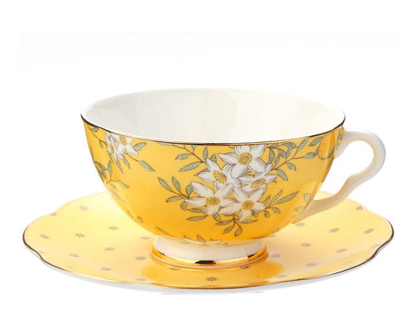 Creative Yellow Ceramic Coffee Cups, Unique Flower Coffee Cups and Saucers, Beautiful British Tea Cups, Creative Bone China Porcelain Tea Cup Set-Art Painting Canvas