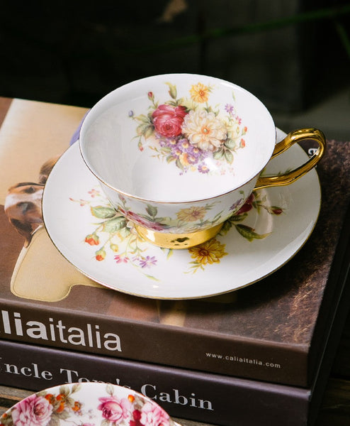 Elegant Rose Flower Ceramic Cups, Unique Royal Coffee Cup and Saucer, Creative Bone China Porcelain Tea Cup Set, Beautiful British Tea Cups-Art Painting Canvas