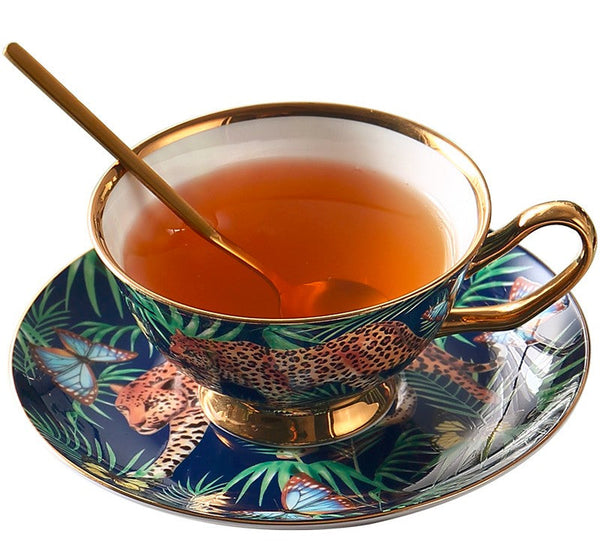 Creative Leopard Ceramic Coffee Cups, Unique Tea Cups and Saucers in Gift Box as Birthday Gift, Beautiful British Tea Cups, Creative Bone China Porcelain Tea Cup Set-Art Painting Canvas