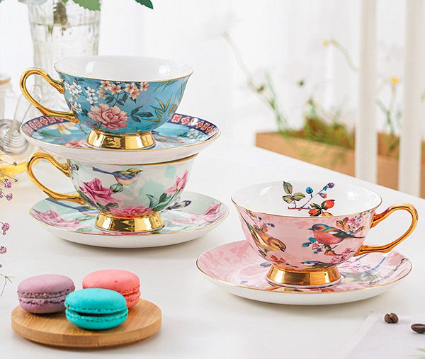 Unique Afternoon Tea Cups and Saucers in Gift Box, Royal Bone China Porcelain Tea Cup Set, Elegant Flower Pattern Ceramic Coffee Cups, Beautiful British Tea Cups-Art Painting Canvas