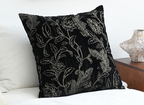 Contemporary Modern Sofa Pillows, Black Embroidery Flower Pattern Pillows for Couch, Decorative Throw Pillows for Bedroom, Large Modern Sofa Pillow for Dining Room-Art Painting Canvas