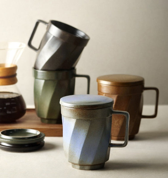 Unique Tea Cup, Large Capacity Coffee Mug with Cover, Large Modern Handmade Pottery Coffee Cup, Creative Brown Green Blue Black Ceramic Coffee Mugs-Art Painting Canvas