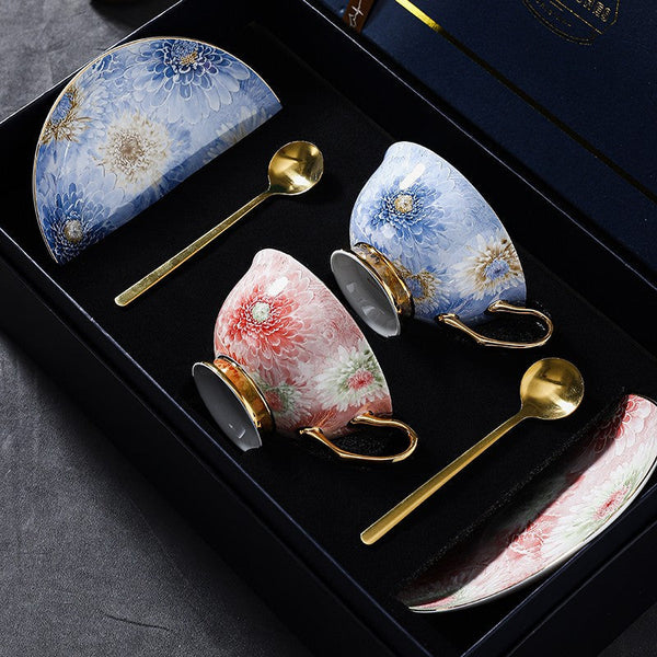 Unique Tea Cups and Saucers in Gift Box, Blue and Pink Beautiful British Tea Cups, Elegant Ceramic Coffee Cups, Creative Bone China Porcelain Tea Cup Set-Art Painting Canvas