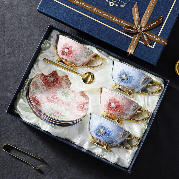 Unique Tea Cups and Saucers in Gift Box, Blue and Pink Beautiful British Tea Cups, Elegant Ceramic Coffee Cups, Creative Bone China Porcelain Tea Cup Set-Art Painting Canvas