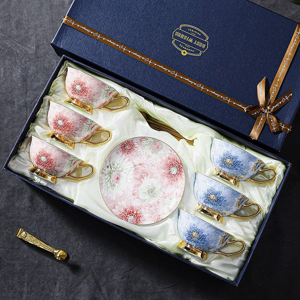 Unique Tea Cups and Saucers in Gift Box, Blue and Pink Beautiful British Tea Cups, Elegant Ceramic Coffee Cups, Creative Bone China Porcelain Tea Cup Set-Art Painting Canvas