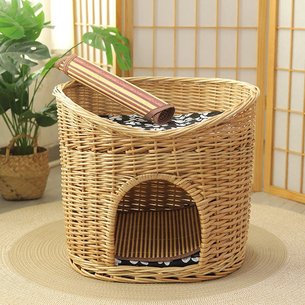 Washable Wicker Cat Bed, Wicker Cat House with Washable Cushion for Indoor Cats and Dogs-Art Painting Canvas