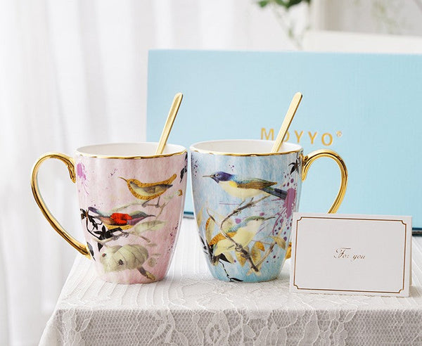 Elegant Ceramic Coffee Mug, Beautiful Bird Flower Ceramic Mug, Large Creative Bone China Porcelain Mug, Large Capacity Ceramic Mugs for Office-Art Painting Canvas