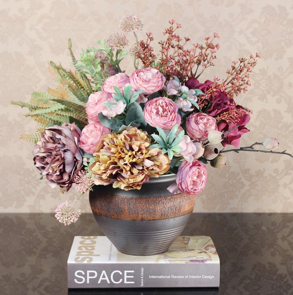 Beautiful Artificial Floral Arrangement for Bedroom, Large Bunch of Peony Flowers Arrangement, Real Touch Faux Silk Floral Bouquet Table Centerpiece-Art Painting Canvas