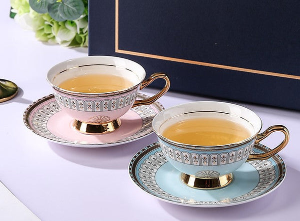 Royal Blue and Pink Bone China Porcelain Tea Cup Set, Tea Cups and Saucers in Gift Box, Elegant Ceramic Coffee Cups, Beautiful British Tea Cups-Art Painting Canvas