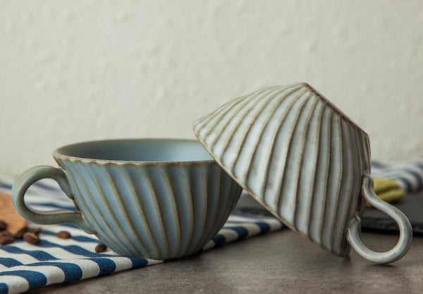 Gray Pottery Coffee Cups, Cappuccino Coffee Mug, Latte Coffee Cup, Breakfast Milk Cup, Ceramic Coffee Cup, Coffee Cup and Saucer Set-Art Painting Canvas